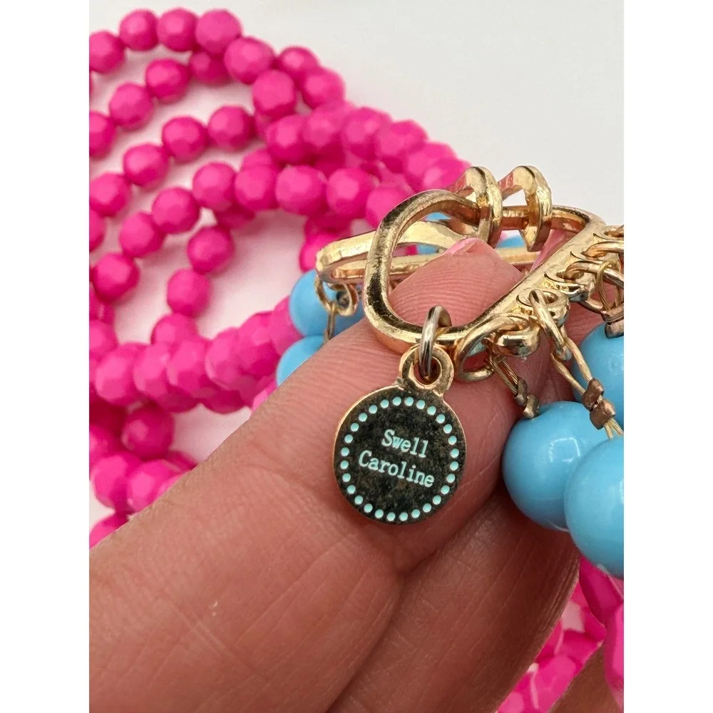 Swell Caroline Hot Pink Blue 5 Strand Beaded Statement Necklance Preppy Resort